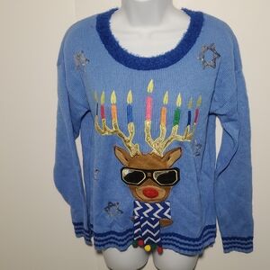 Charlotte Russe Christmas Blue Reindeer Sweater Colorful Candles Size S